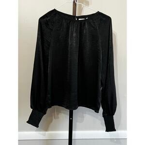 Michael Stars Fabi Smocked Sleeve Hammered Satin Top Black XS NWT
